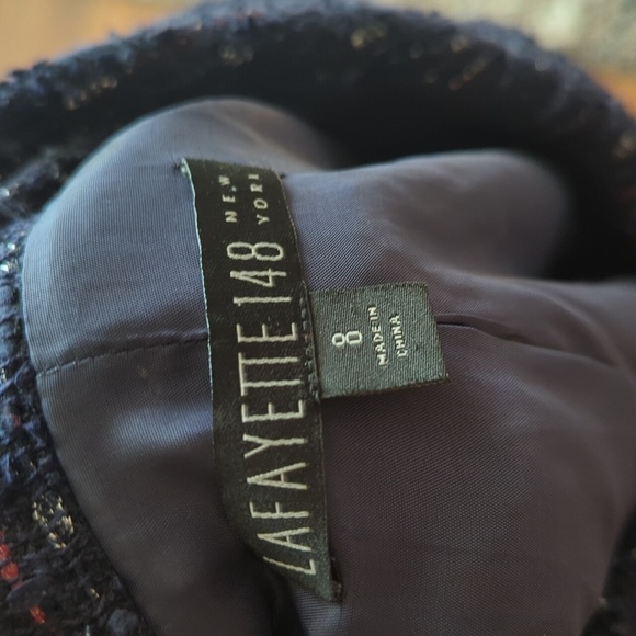 Lafayette 148 Blue Nubby Metallic thread Chic Tweed career Blazer Jacket sz 8 - Picture 6 of 10